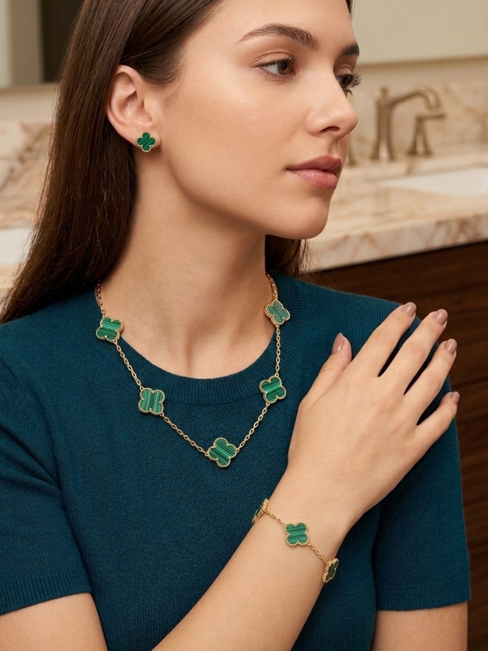 Gold-Tone Green Clover Stud Earrings